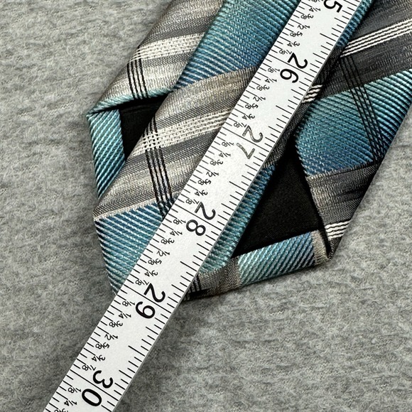 John Ashford Mens Tie Teal Gray Plaid Washable Polyester Stain Resistant - Picture 9 of 10
